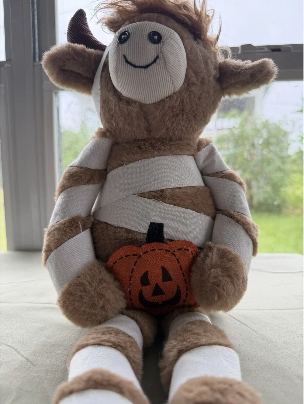 Halloween Mummy Highland Cow With Pumpkin, 10” Tall